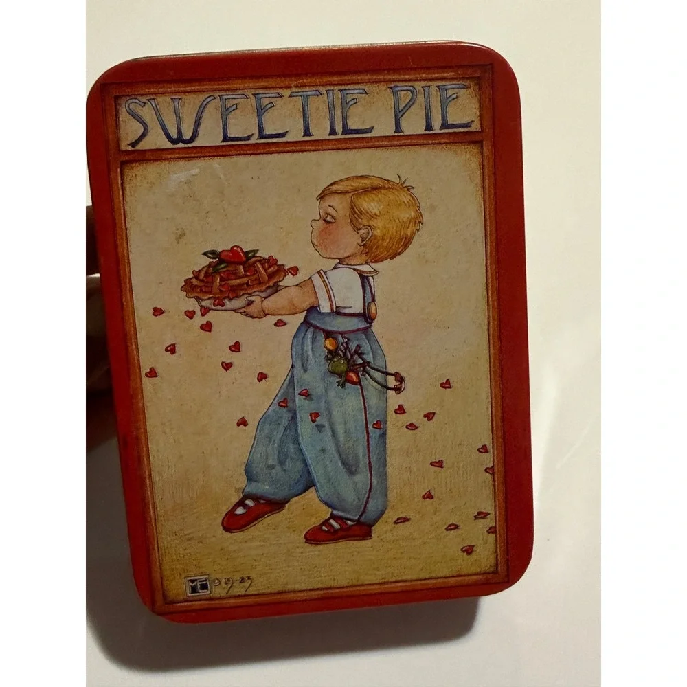 Vintage 1983 Mary Engelbreit Sweetie Pie Small Metal Storage Tin Red Box